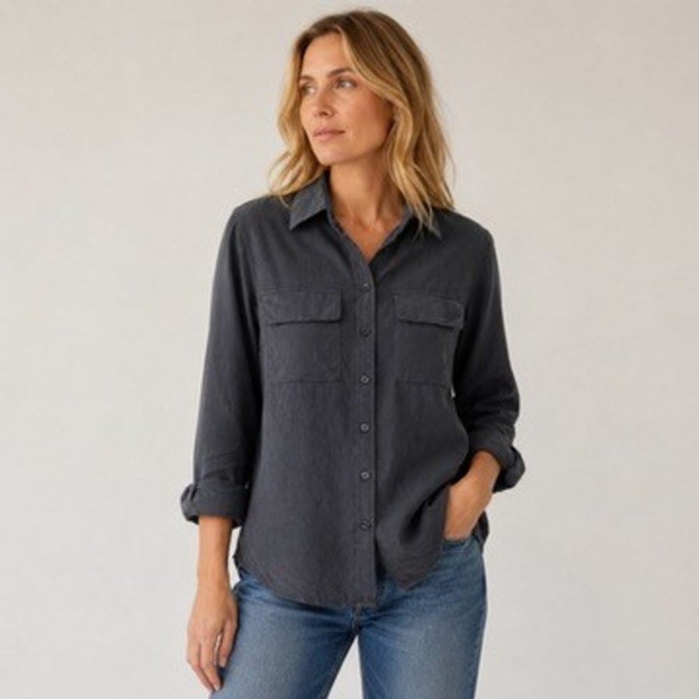 Anthropologie Black 100% Silk Button Down Shirt Long Sleeve Utility Blouse
